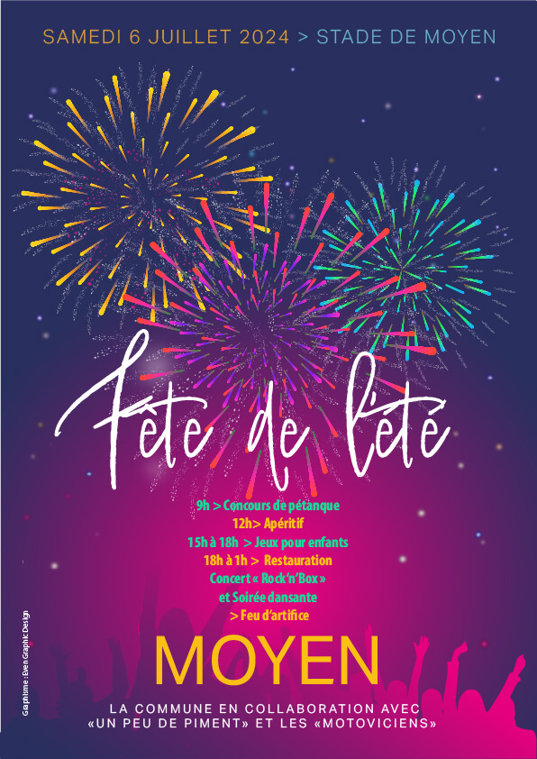 Affiche de la fête de l'été représentant un feu d'artifice avec, au premier plan un public de dos acclamant le spectacle.