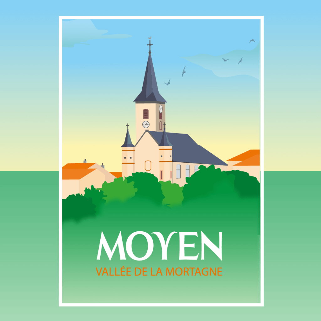 Affiche au style vintage représentant l'église de Moyen, présentée sur un fond en dégradés.