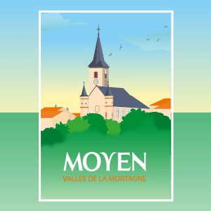 Affiche au style vintage représentant l'église de Moyen, présentée sur un fond en dégradés.