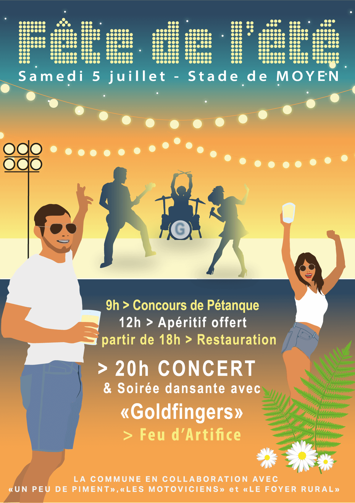 Affiche de la fête de l'été à Moyen, style vintage avec aplats de couleurs. Un orchestre en arrière plan sous des guirlandes lumineuse. au premier plan un jene homme et une jeune fille dansant avec un verre à la main, créant une ambiance festive et conviviale.