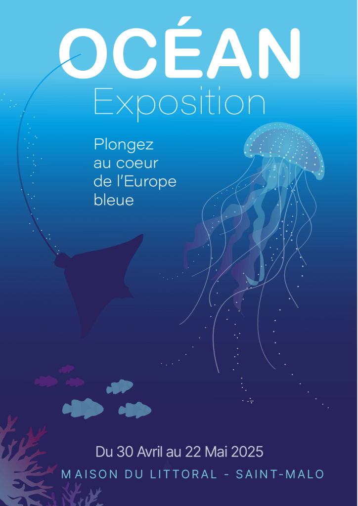 Affiche graphique sur le thème de l'océan représentant une méduse, une, raie, un banc de poissons et des coraux.