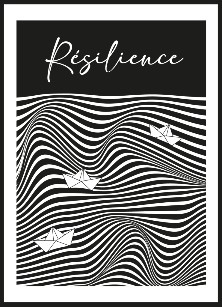 Cette illustration met en scène des vagues stylisées et des bateaux en papier, symbolisant la force et la persévérance face aux obstacles.Le titre Résilience est inscrit en haut de la composition affirmant le concept de ce design graphique.