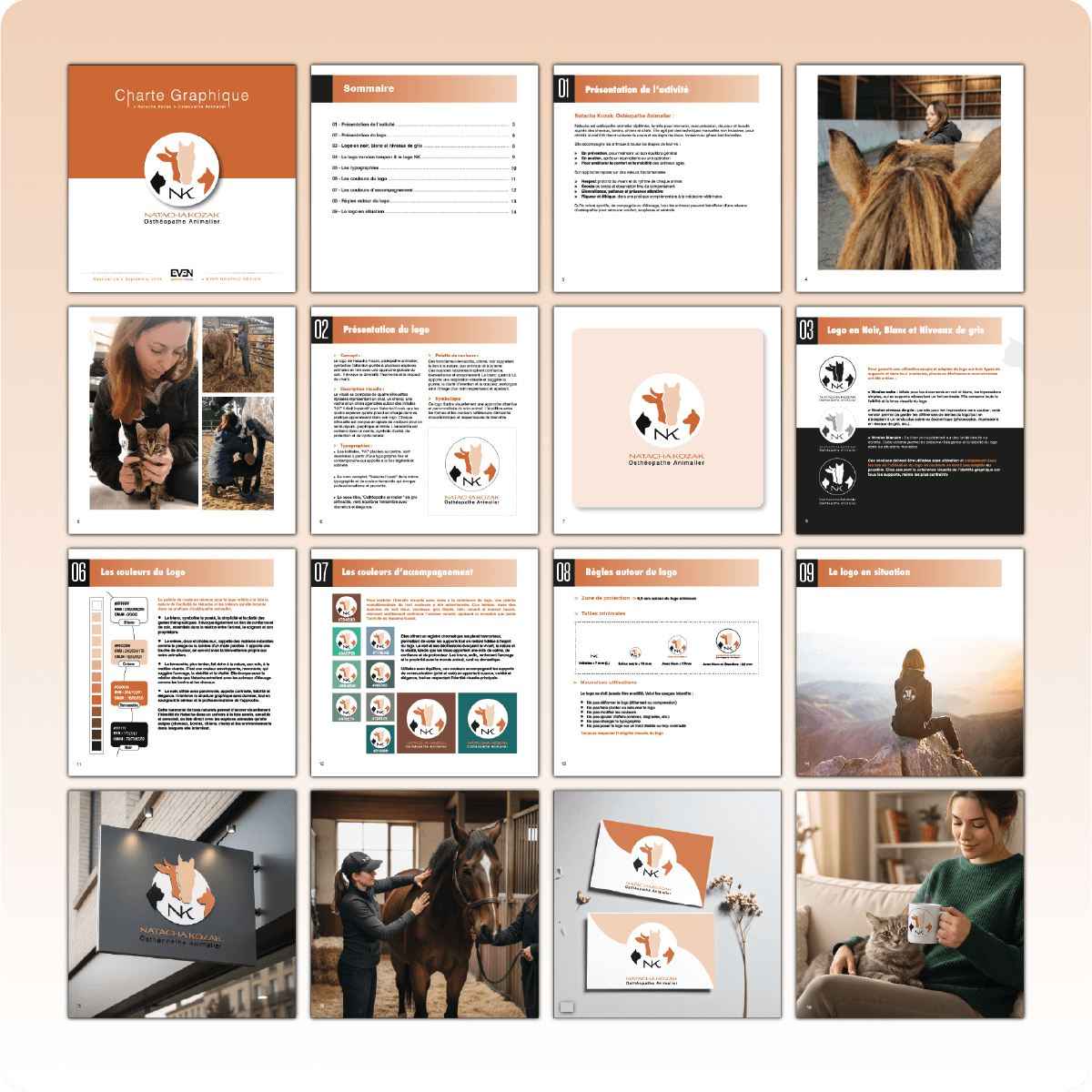 Présentation de la charte graphique pour Natacha Kozak, ostéopathe animalier : aperçu des seize pages de la charte sous forme de vignettes.