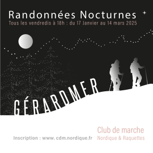Affiche représentant un paysage nocturne de montagne, avec deux randonneurs en raquettes sur une pente enneigée.