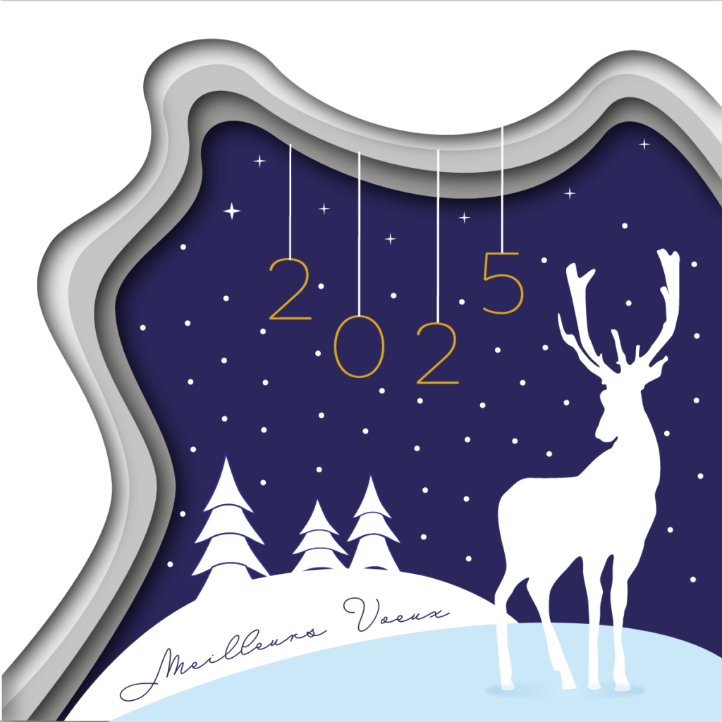 Carte de vœux représentant un paysage de nuit enneigé avec une colline et des sapins au loin et un cerf au premier plan, entouré d'un effet graphique façon paper-cut.