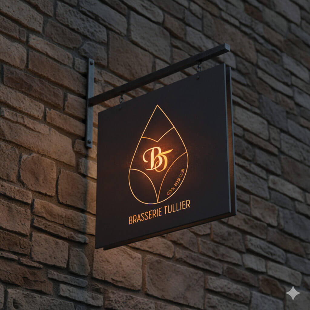 Enseigne métallique noire suspendue à un mur en pierre, affichant le logo lumineux de la brasserie Tullier.