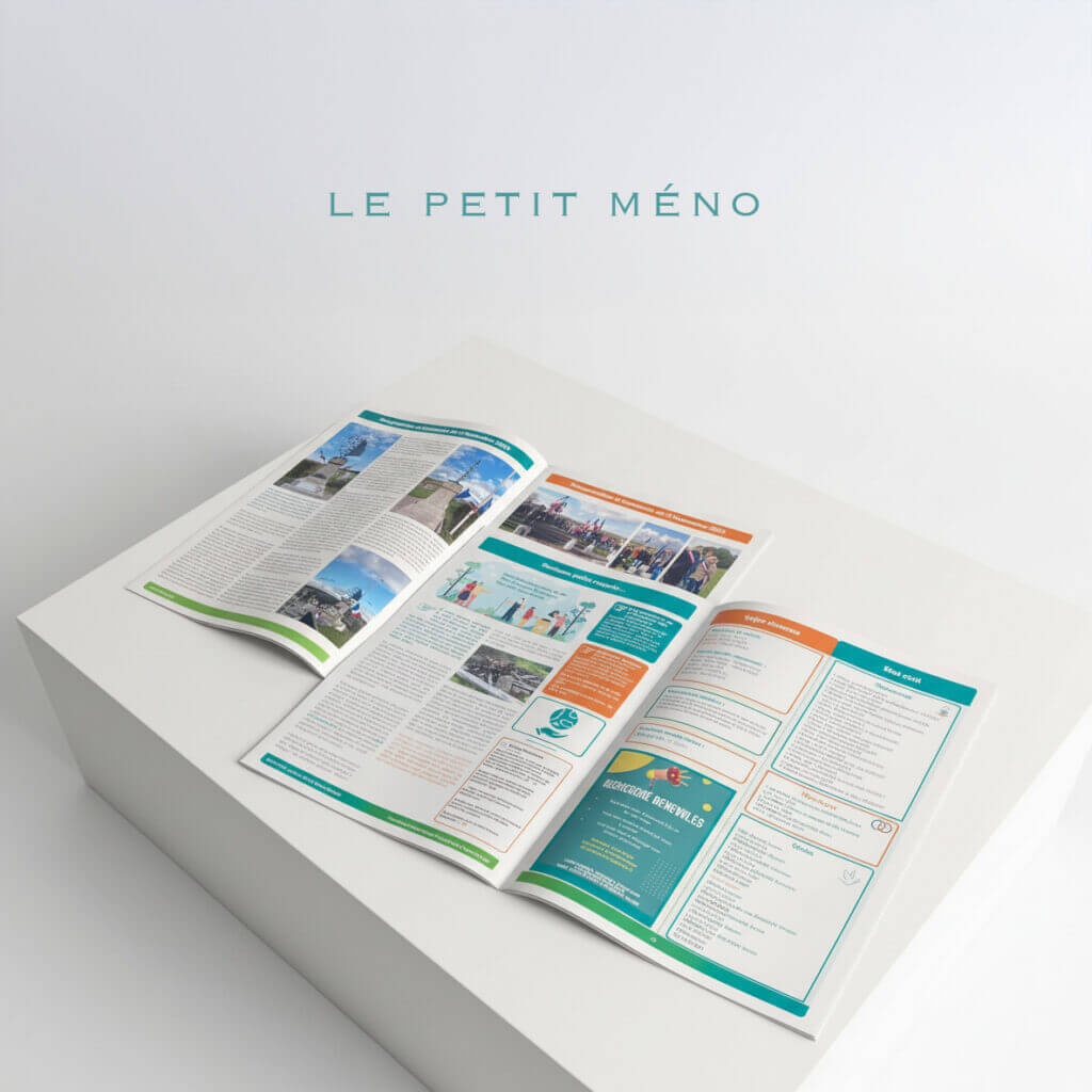 Deux exemplaires ouverts du journal communal de Moyen présentés sur une table basse de couleur blanche.
