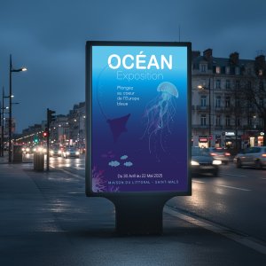 Panneau publicitaire lumineux dans la ville présentant l'exposition Océan.