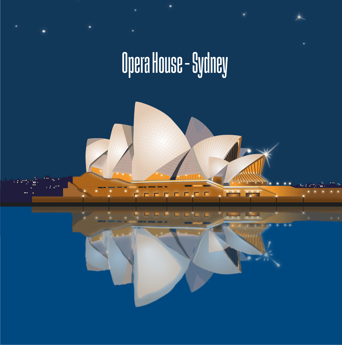 Illustration graphique de l'Opéra House de Sydney, de nuit, avec son reflet dans l'eau.