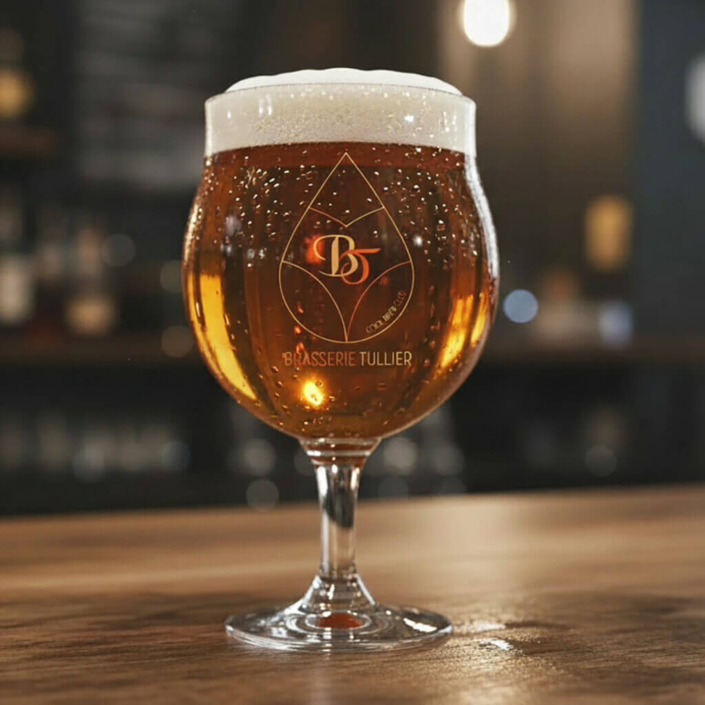 Verre de bière à la pression avec le logo de la brasserie Tullier, posé sur un bar, vue en gros plan.