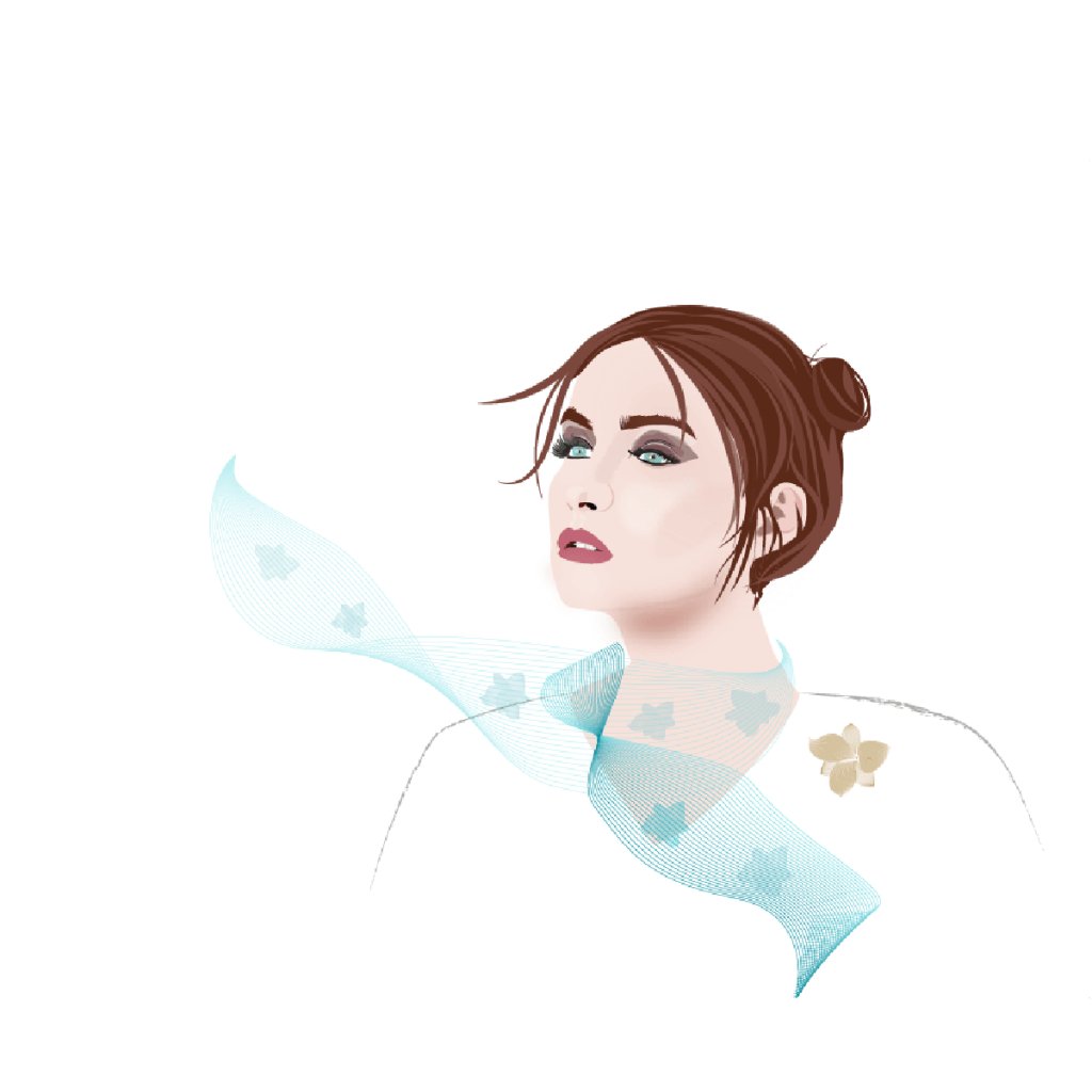 Illustration d'un buste de femme avec un foulard flottant au vent.