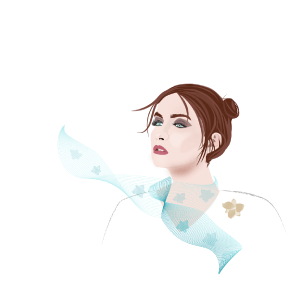 Illustration d'un buste de femme avec un foulard flottant au vent.