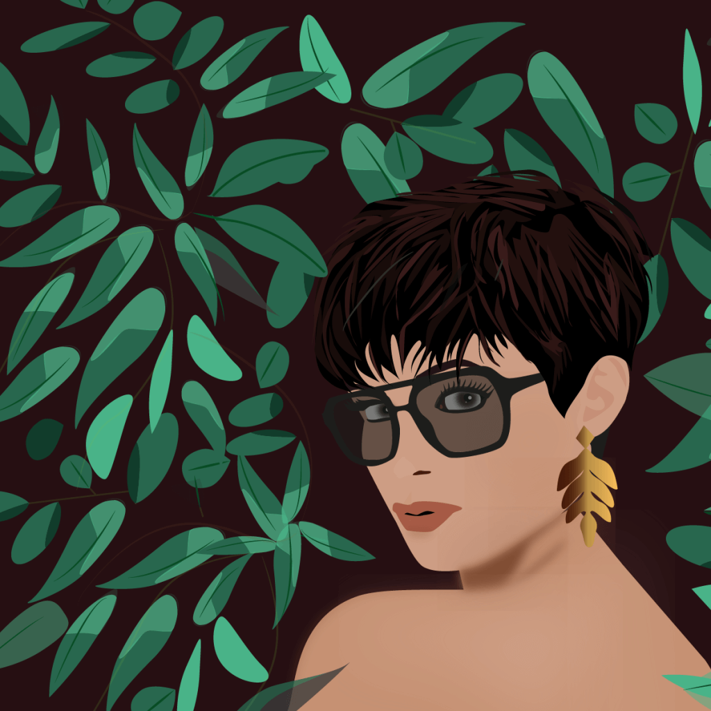 Buste d'une femme ave lunettes de soleil. À l'arrière plan, feuillage graphique